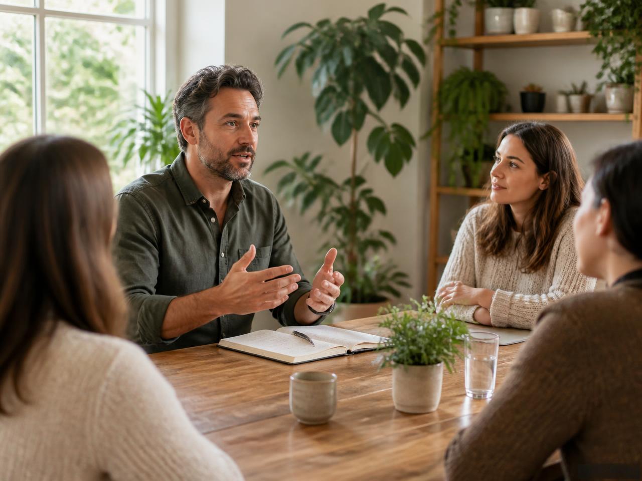 Health educator explaining root-cause health principles to a small group in a bright, plant-filled room