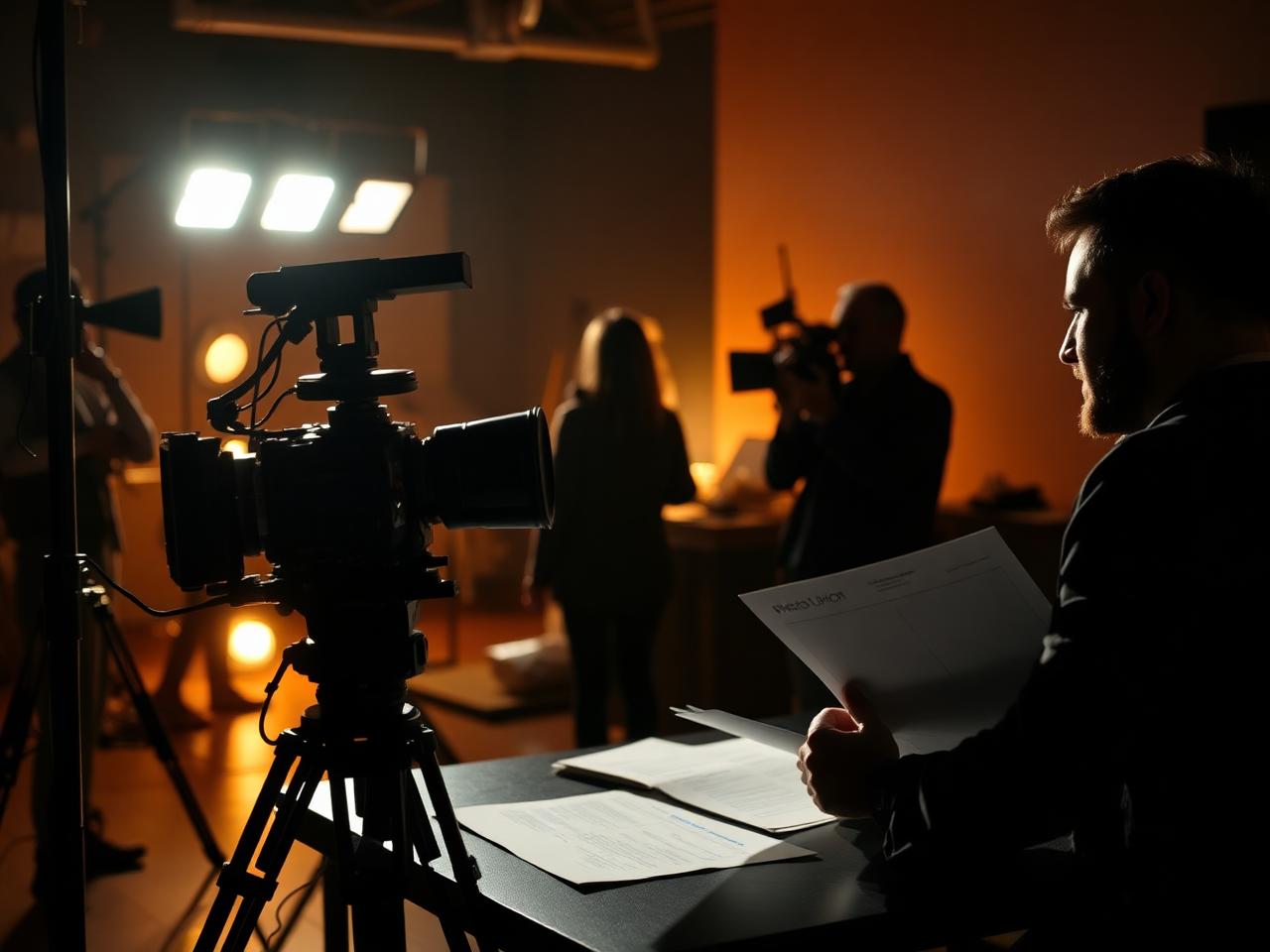 Film set with cinema camera and a producer reviewing financing documents