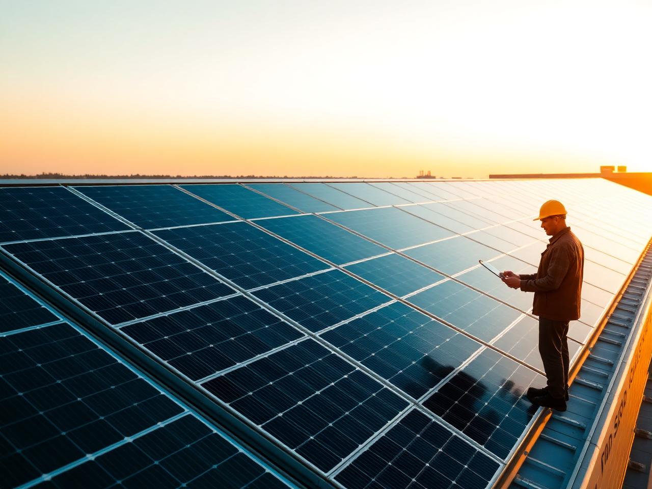 Engineer inspecting rows of solar panels at golden hour
