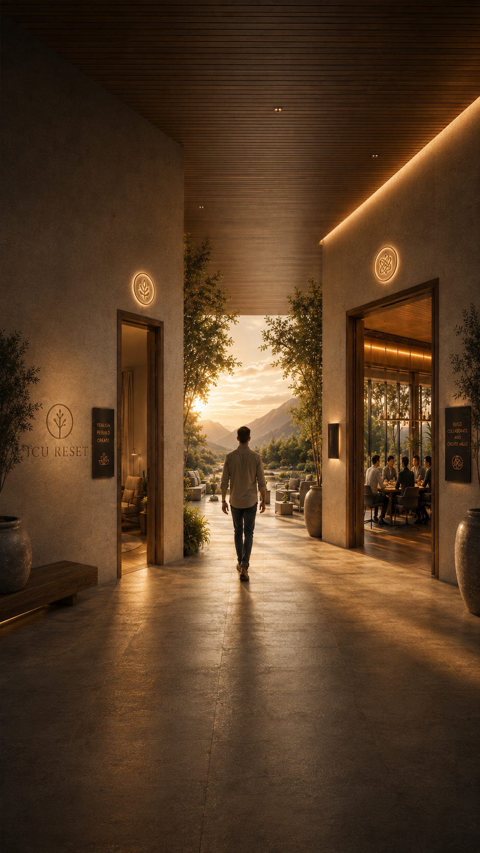A man walking into the ICU Reset environment between two doorways — a calm training and healing space on one side, a professional meeting and collaboration space on the other