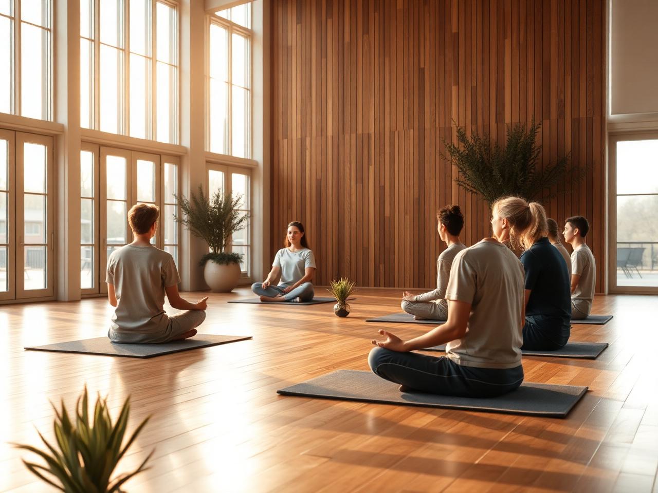 Group practising in a calm, sunlit training hall