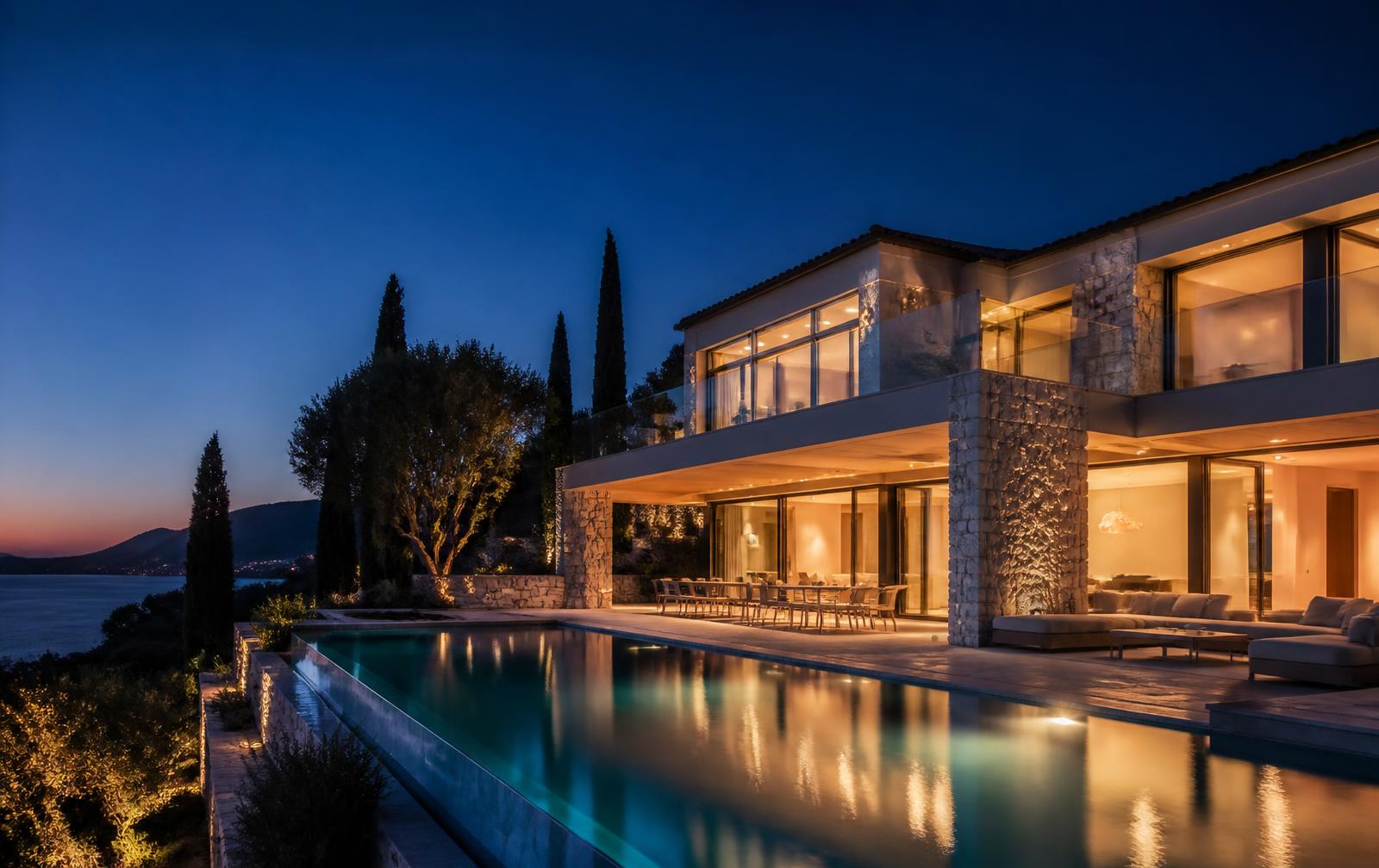 Premium architectural villa overlooking the coast at dusk