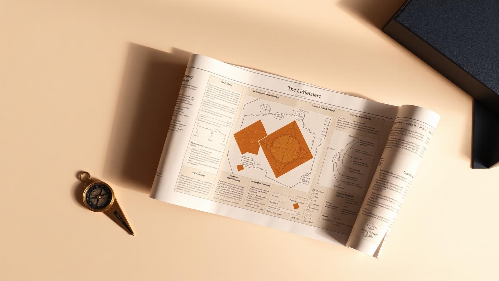 Calm editorial still life with a diagram sheet and brass compass on warm ivory