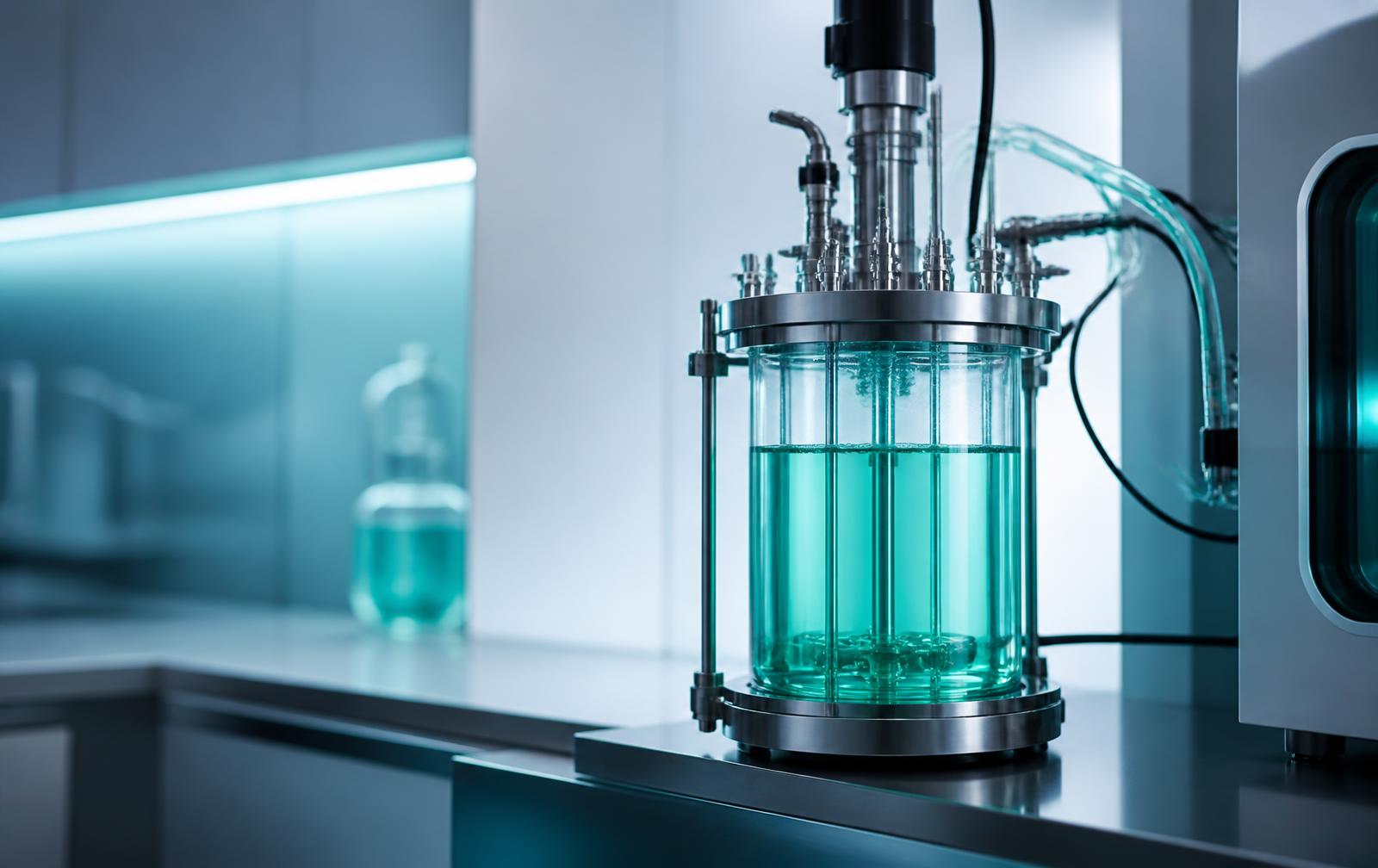 Precision laboratory environment with glass vials and teal-lit instruments